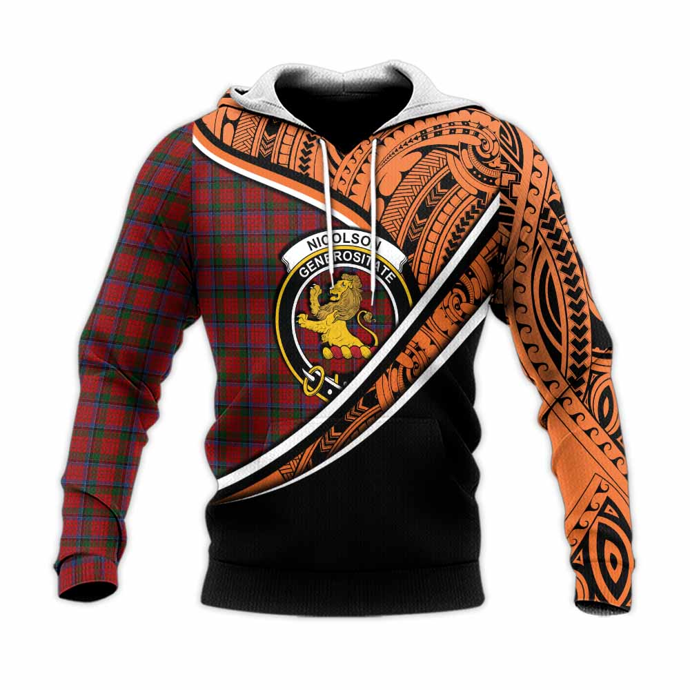 Tartan Vibes Clothing Nicolson Crest Tartan Knitted Hoodie with Maori Tattoo Style - Orange Version