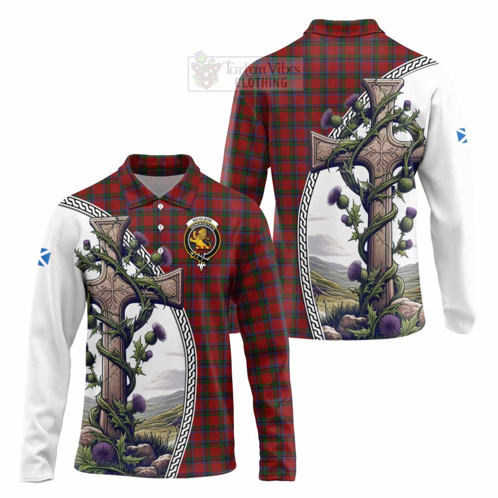 Tartan Vibes Clothing Nicolson Tartan Long Sleeve Polo Shirt with Family Crest and St. Andrew's Cross Accented by Thistle Vines