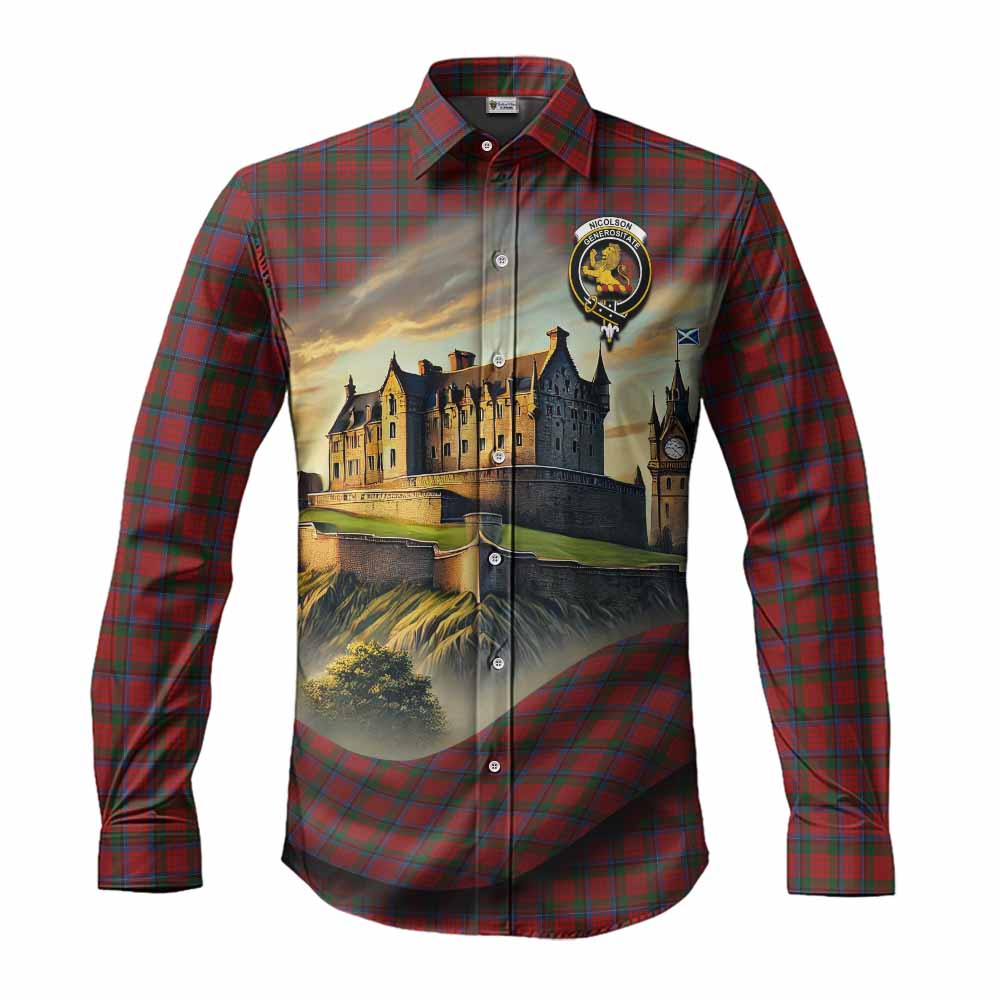 Nicolson Tartan Family Crest Long Sleeve Button Shirt with Scottish Ancient Castle Style Men's Shirt S - Tartan Vibes Clothing