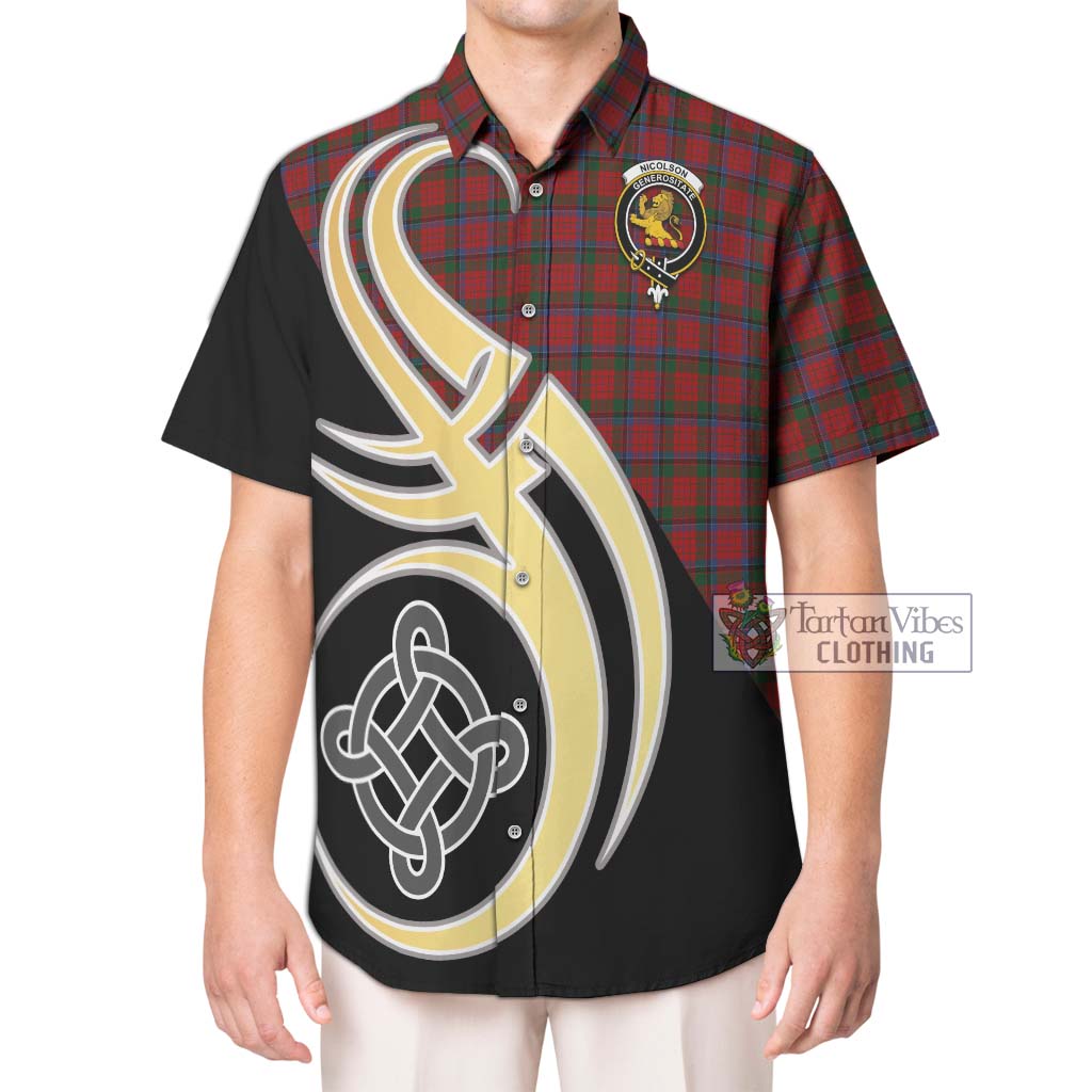 Nicolson Tartan Short Sleeve Button Shirt with Family Crest and Celtic Symbol Style Kid - Tartan Vibes Clothing