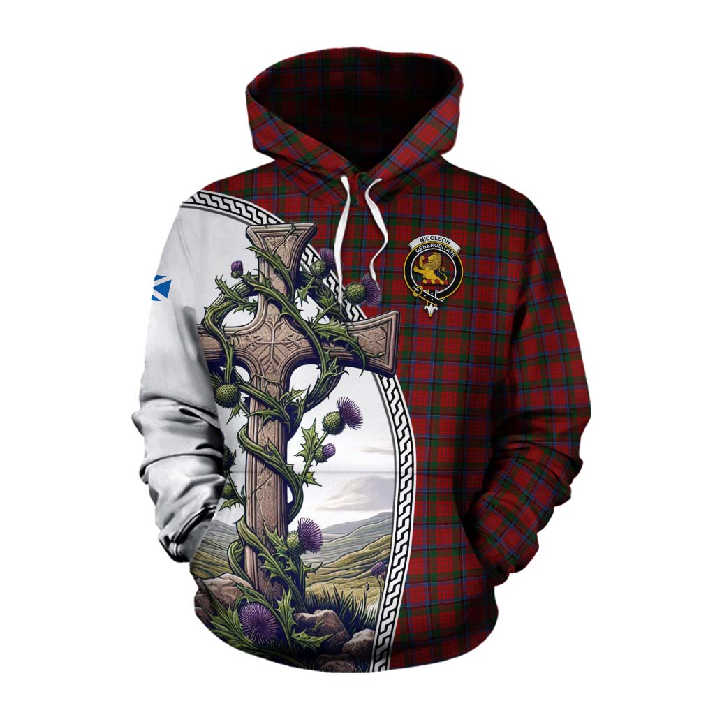 Tartan Vibes Clothing Nicolson Tartan Cotton Hoodie with Family Crest and St. Andrew's Cross Accented by Thistle Vines