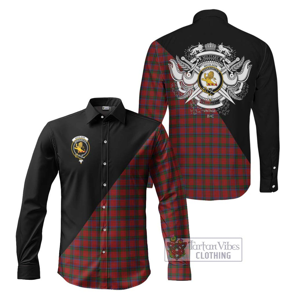 Nicolson Tartan Long Sleeve Button Shirt with Family Crest and Military Logo Style Men's Shirt S - Tartanvibesclothing Shop