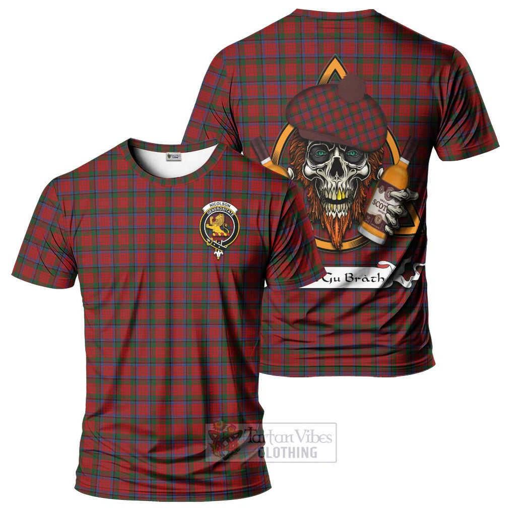 Tartan Vibes Clothing Nicolson Tartan T-Shirt with Family Crest and Bearded Skull Holding Bottles of Whiskey