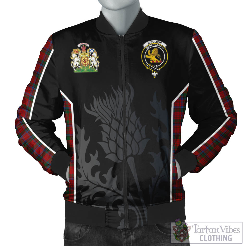 Tartan Vibes Clothing Nicolson Tartan Bomber Jacket with Family Crest and Scottish Thistle Vibes Sport Style