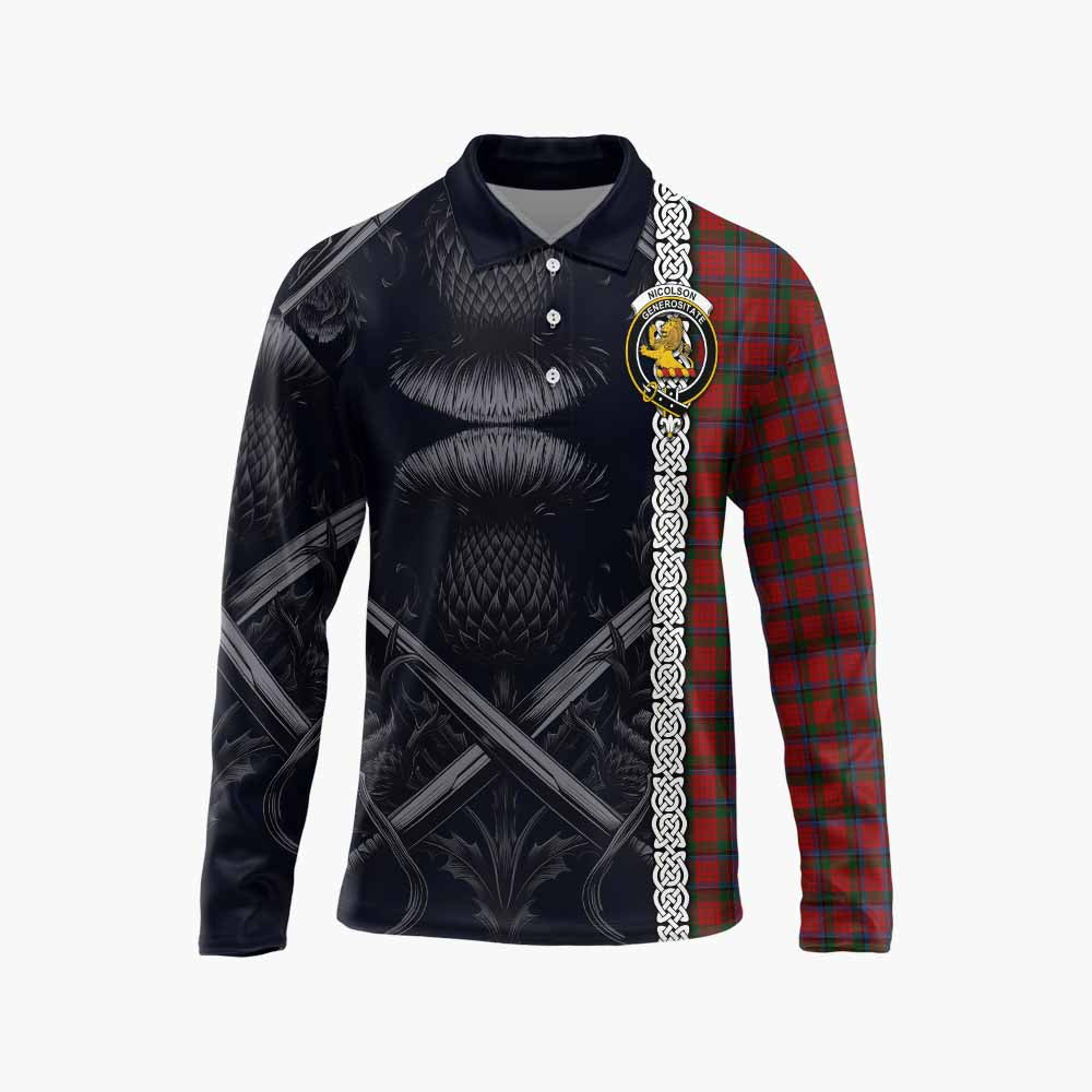 Tartan Vibes Clothing Nicolson Tartan Long Sleeve Polo Shirt with Family Crest Cross Sword Thistle Celtic Vibes