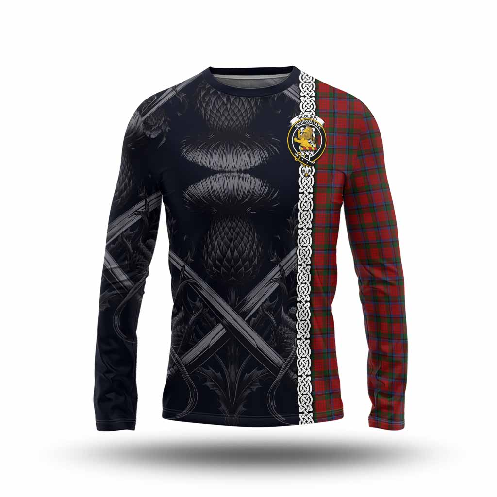 Tartan Vibes Clothing Nicolson Tartan Long Sleeve T-Shirt with Family Crest Cross Sword Thistle Celtic Vibes