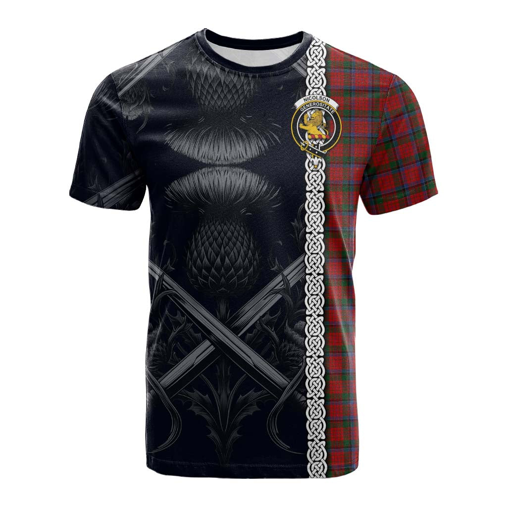 Tartan Vibes Clothing Nicolson Tartan Cotton T-shirt with Family Crest Cross Sword Thistle Celtic Vibes