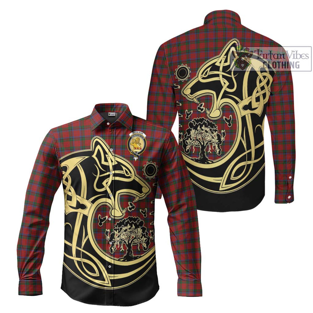 Nicolson Tartan Long Sleeve Button Shirt with Family Crest Celtic Wolf Style Men's Shirt S - Tartan Vibes Clothing