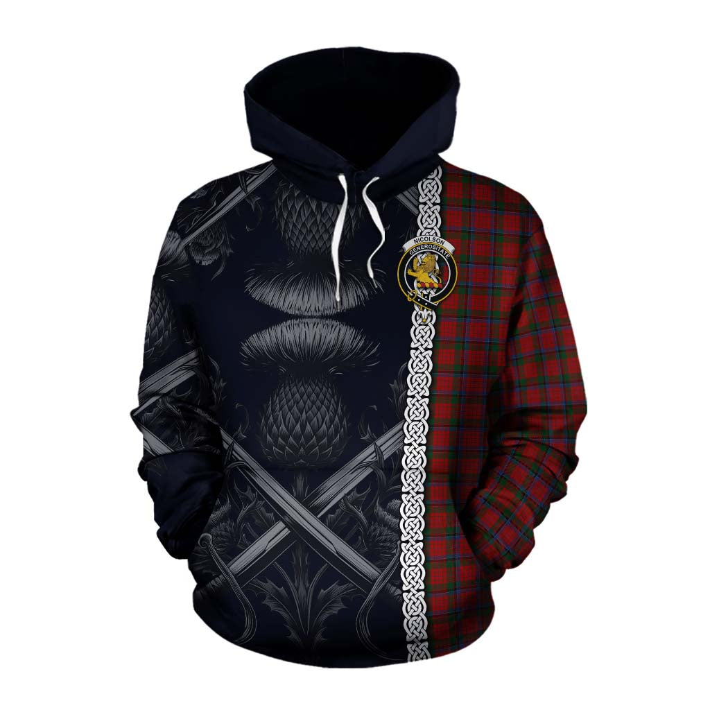 Tartan Vibes Clothing Nicolson Tartan Cotton Hoodie with Family Crest Cross Sword Thistle Celtic Vibes