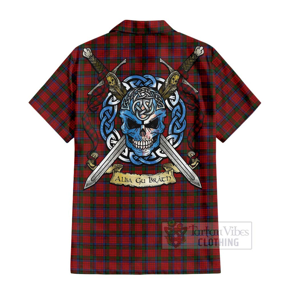 Tartan Vibes Clothing Nicolson Tartan Short Sleeve Button Shirt with Family Crest Celtic Skull Style