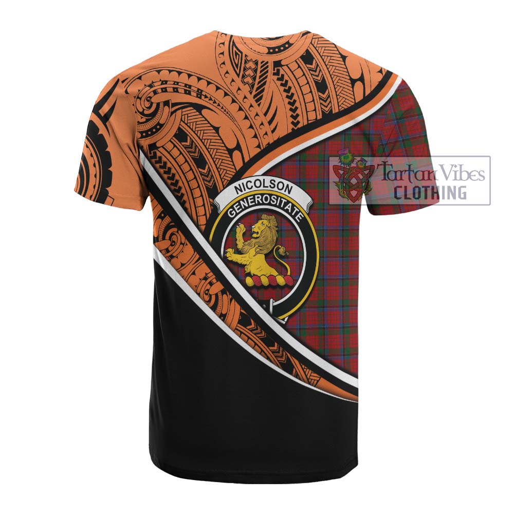 Tartan Vibes Clothing Nicolson Crest Tartan Cotton T-shirt with Maori Tattoo Style - Orange Version