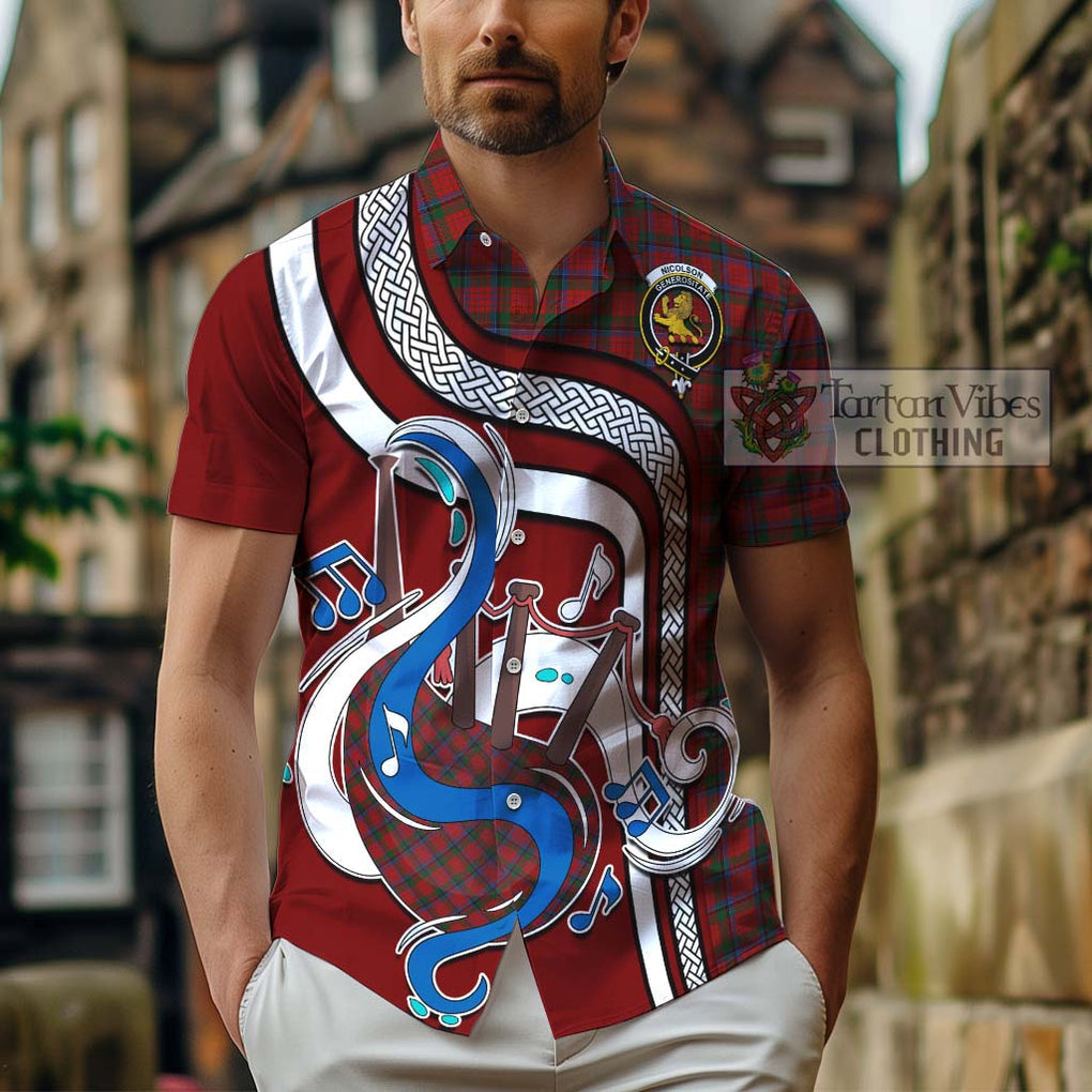 Nicolson Tartan Short Sleeve Button Shirt with Epic Bagpipe Style - Tartanvibesclothing Shop