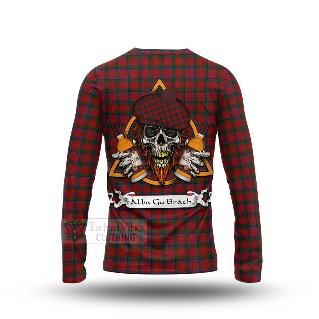 Tartan Vibes Clothing Nicolson Tartan Long Sleeve T-Shirt with Family Crest and Bearded Skull Holding Bottles of Whiskey