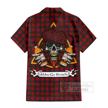 Nicolson Tartan Short Sleeve Button Shirt with Family Crest and Bearded Skull Holding Bottles of Whiskey