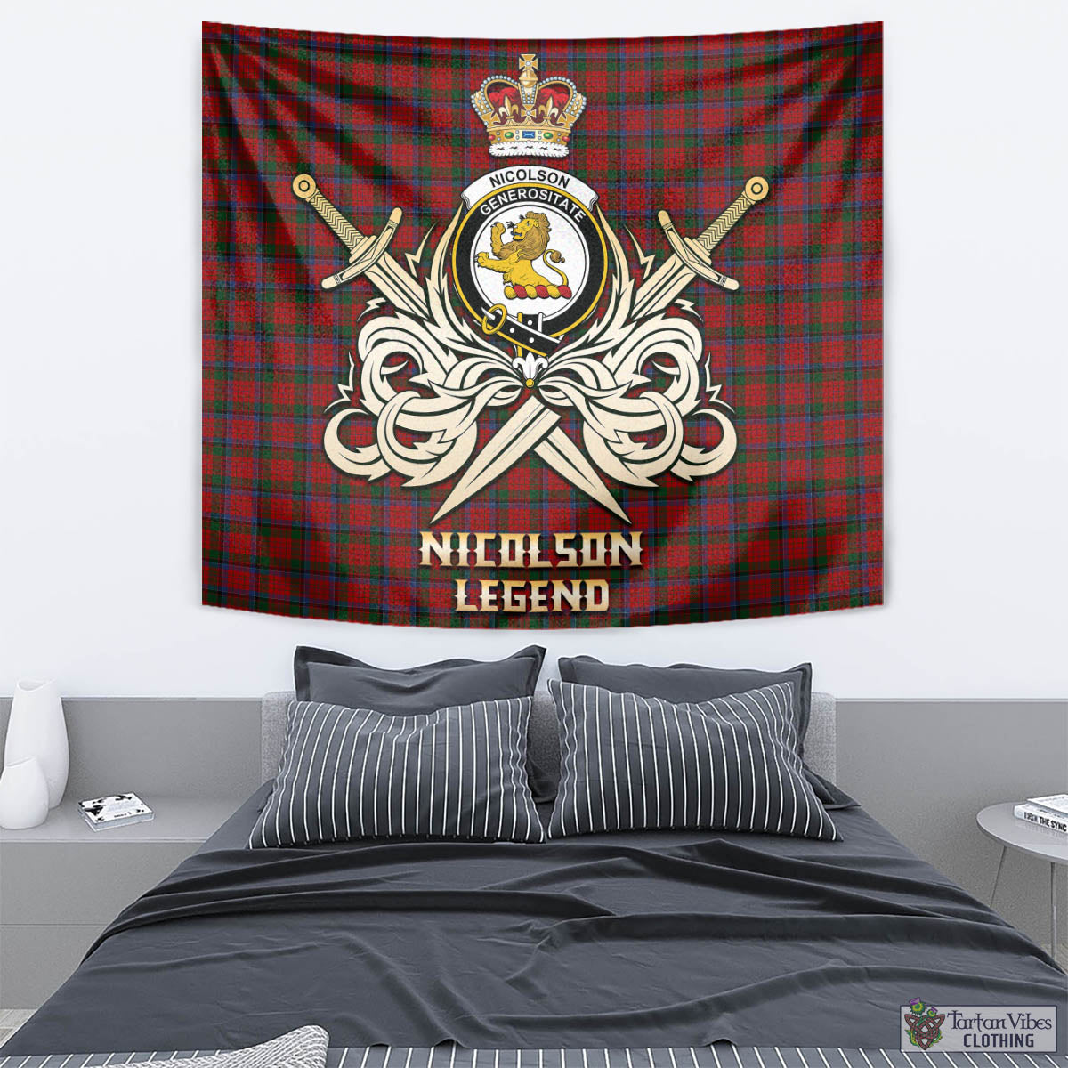 Tartan Vibes Clothing Nicolson Tartan Tapestry with Clan Crest and the Golden Sword of Courageous Legacy