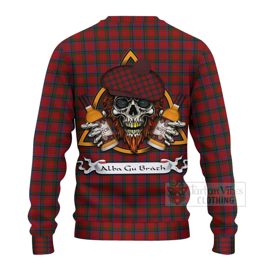 Tartan Vibes Clothing Nicolson Tartan Knitted Sweater with Family Crest and Bearded Skull Holding Bottles of Whiskey