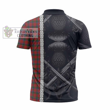 Nicolson Tartan Zipper Polo Shirt with Family Crest Cross Sword Thistle Celtic Vibes