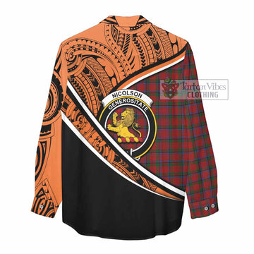 Nicolson Crest Tartan Women's Casual Shirt with Polynesian Vibes Style - Orange Version