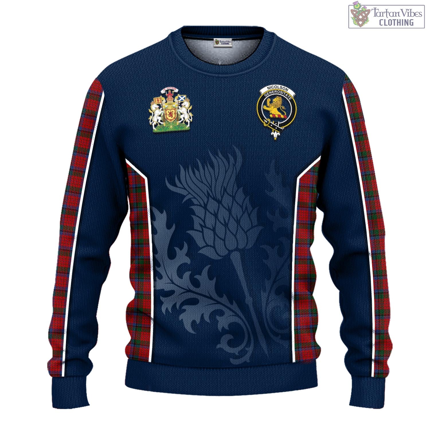 Tartan Vibes Clothing Nicolson Tartan Knitted Sweatshirt with Family Crest and Scottish Thistle Vibes Sport Style