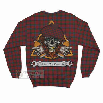 Nicolson Tartan Sweatshirt with Family Crest and Bearded Skull Holding Bottles of Whiskey