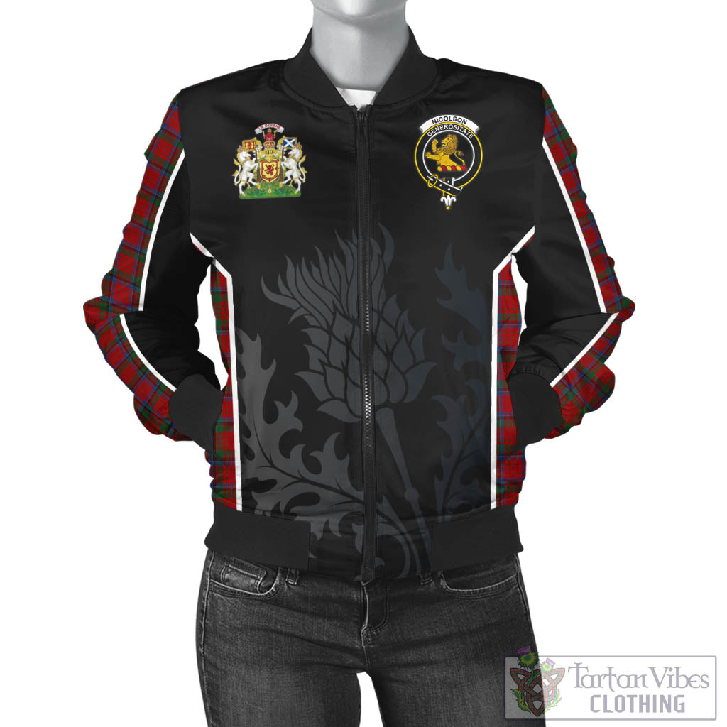 Tartan Vibes Clothing Nicolson Tartan Bomber Jacket with Family Crest and Scottish Thistle Vibes Sport Style