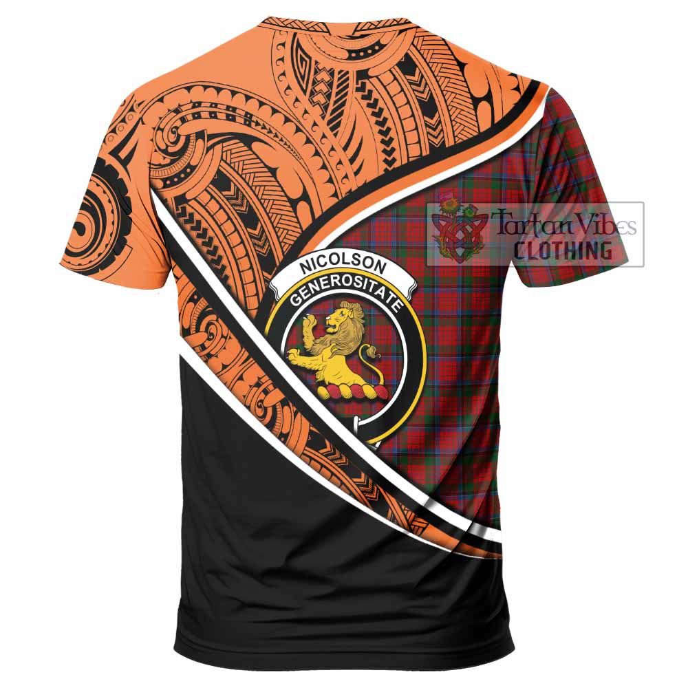 Tartan Vibes Clothing Nicolson Crest Tartan T-Shirt with Maori Tattoo Style - Orange Version