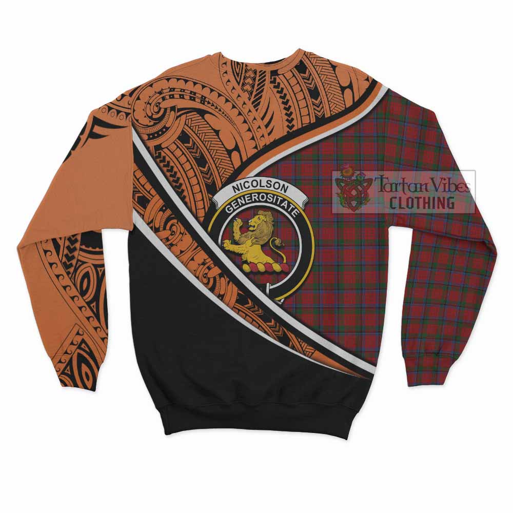 Tartan Vibes Clothing Nicolson Crest Tartan Sweatshirt with Maori Tattoo Style - Orange Version