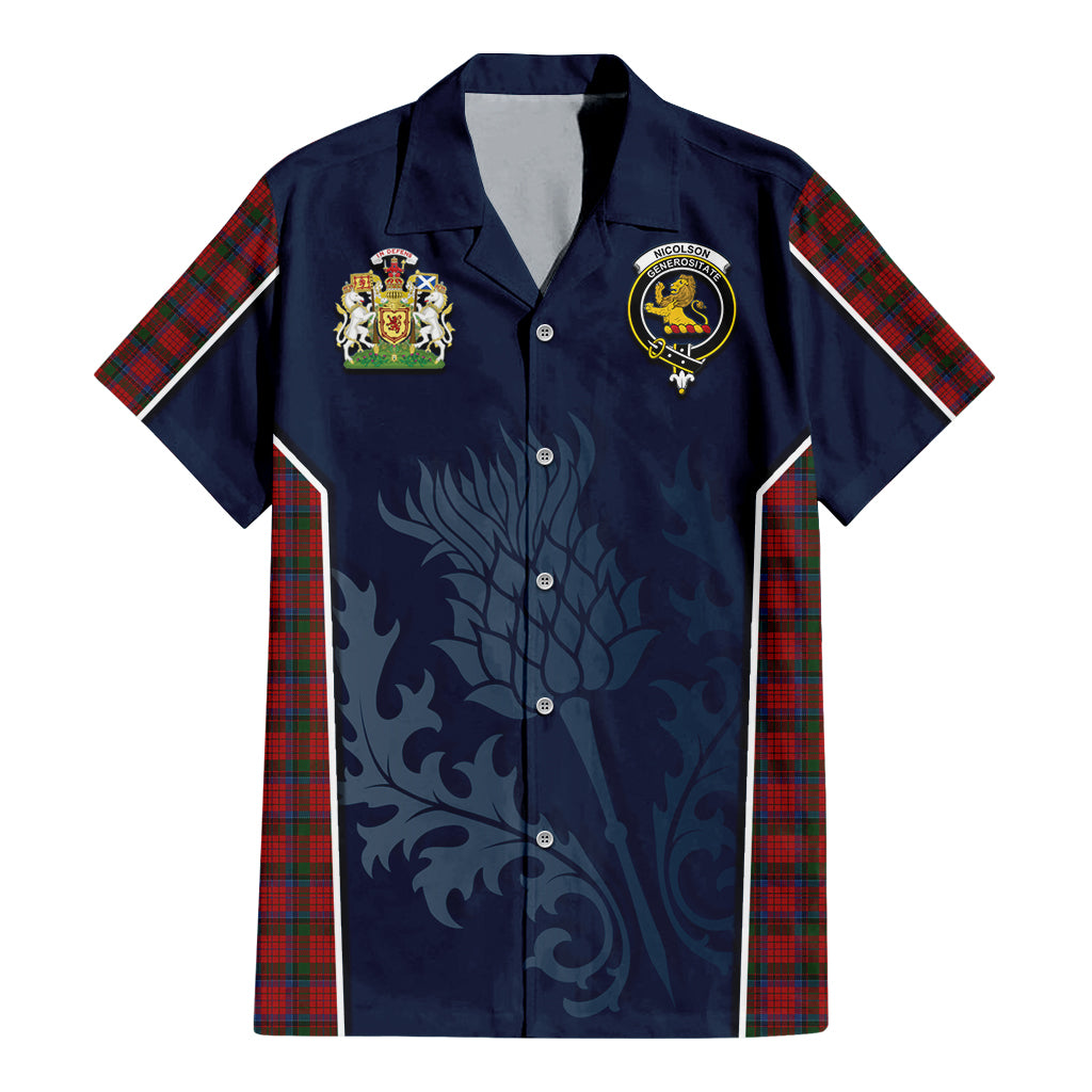 Tartan Vibes Clothing Nicolson Tartan Short Sleeve Button Up Shirt with Family Crest and Scottish Thistle Vibes Sport Style