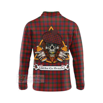 Nicolson Tartan Long Sleeve Polo Shirt with Family Crest and Bearded Skull Holding Bottles of Whiskey