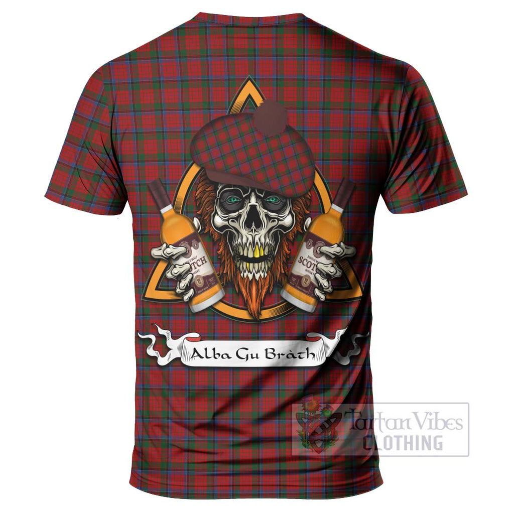 Tartan Vibes Clothing Nicolson Tartan T-Shirt with Family Crest and Bearded Skull Holding Bottles of Whiskey