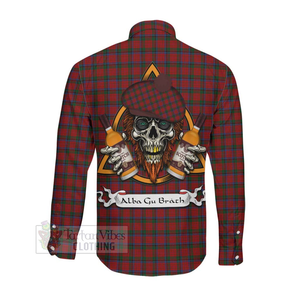 Tartan Vibes Clothing Nicolson Tartan Long Sleeve Button Shirt with Family Crest and Bearded Skull Holding Bottles of Whiskey