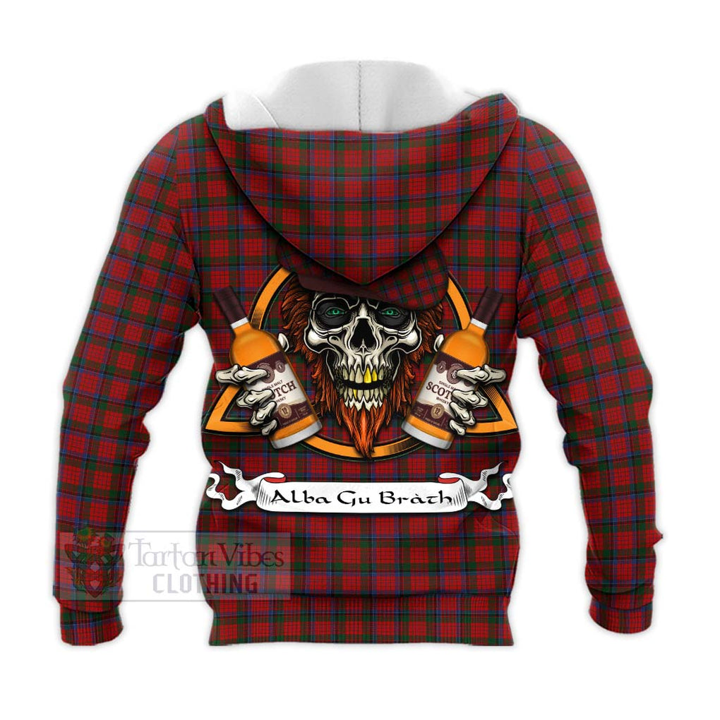 Tartan Vibes Clothing Nicolson Tartan Knitted Hoodie with Family Crest and Bearded Skull Holding Bottles of Whiskey