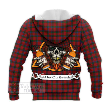 Nicolson Tartan Knitted Hoodie with Family Crest and Bearded Skull Holding Bottles of Whiskey