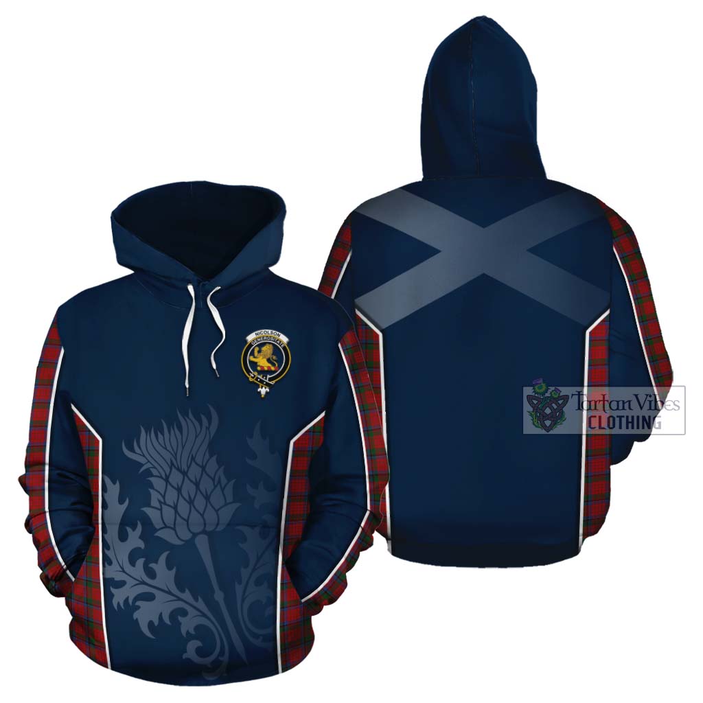 Tartan Vibes Clothing Nicolson Tartan Cotton Hoodie with Family Crest and Scottish Thistle Vibes Sport Style