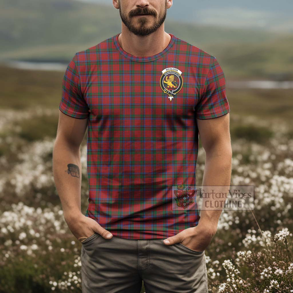 Tartan Vibes Clothing Nicolson Tartan T-Shirt with Family Crest and Bearded Skull Holding Bottles of Whiskey