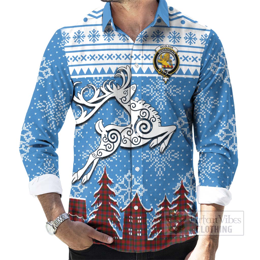 Tartan Vibes Clothing Nicolson Clan Christmas Long Sleeve Button Shirt Celtic Reindeer Style