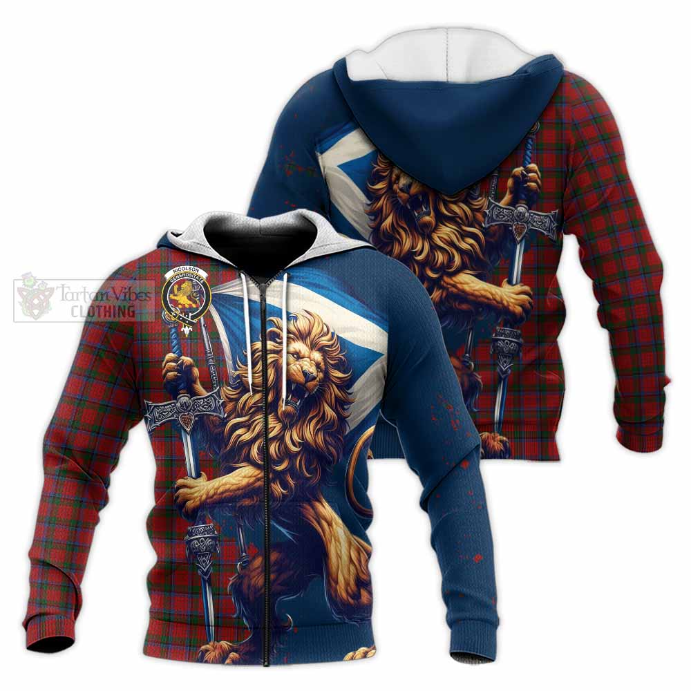 Tartan Vibes Clothing Nicolson Tartan Family Crest Knitted Hoodie with Scottish Majestic Lion