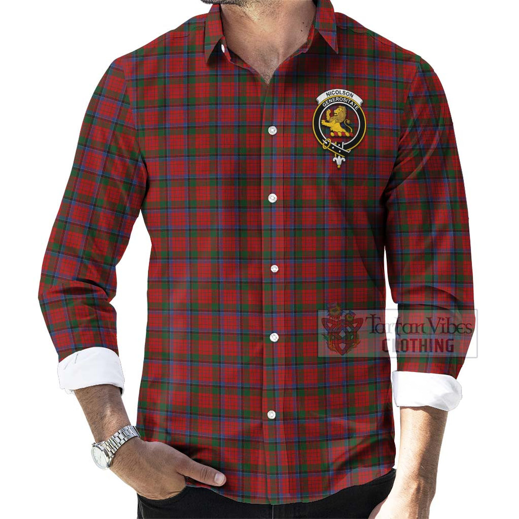 Tartan Vibes Clothing Nicolson Tartan Long Sleeve Button Shirt with Family Crest Celtic Skull Style