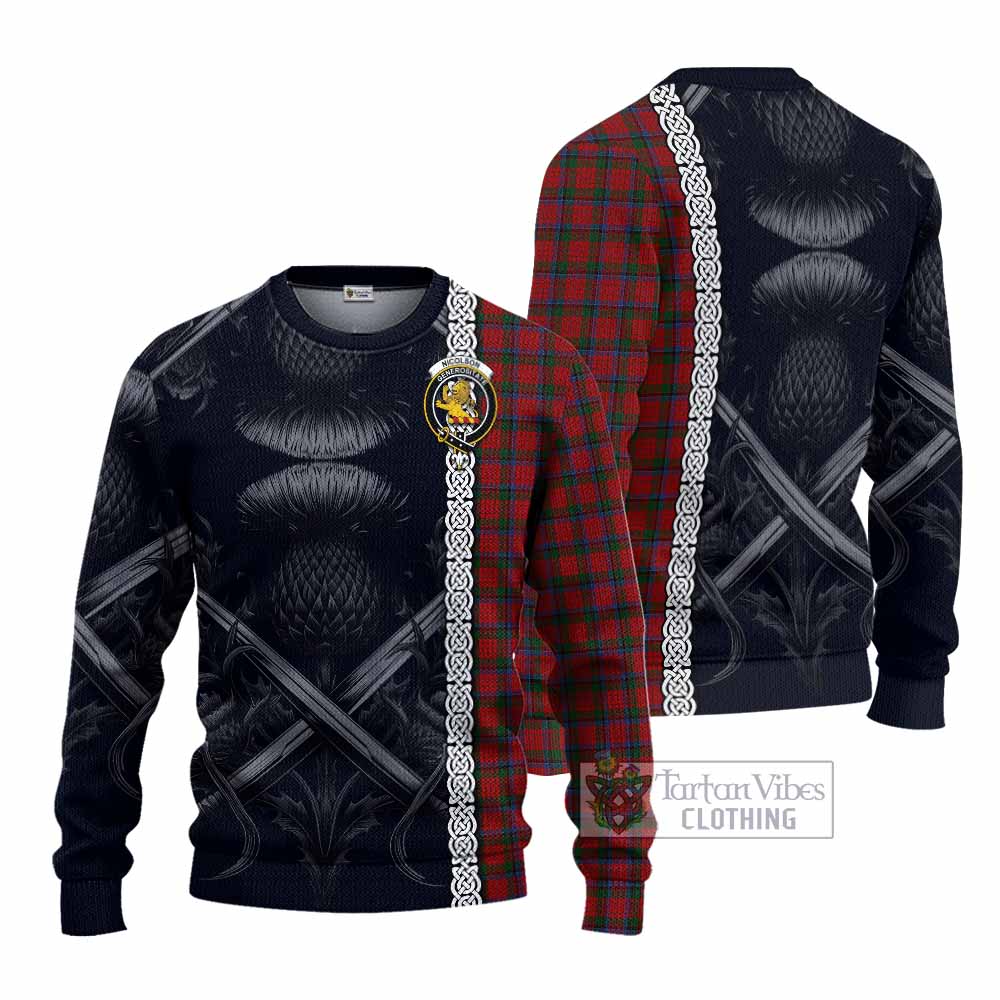 Tartan Vibes Clothing Nicolson Tartan Knitted Sweater with Family Crest Cross Sword Thistle Celtic Vibes