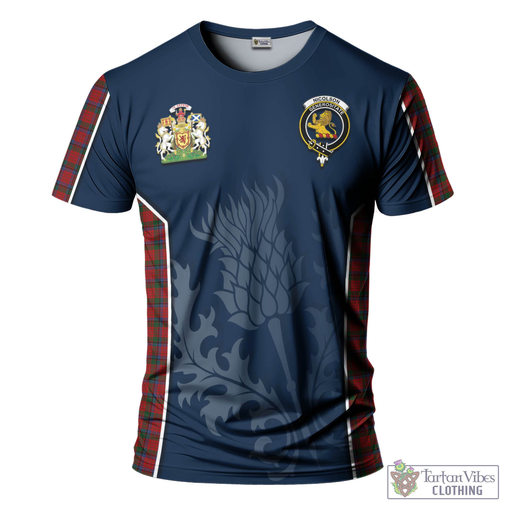 Tartan Vibes Clothing Nicolson Tartan T-Shirt with Family Crest and Scottish Thistle Vibes Sport Style