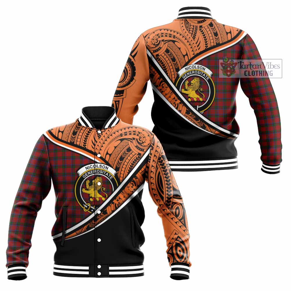 Tartan Vibes Clothing Nicolson Crest Tartan Baseball Jacket with Maori Tattoo Style - Orange Version