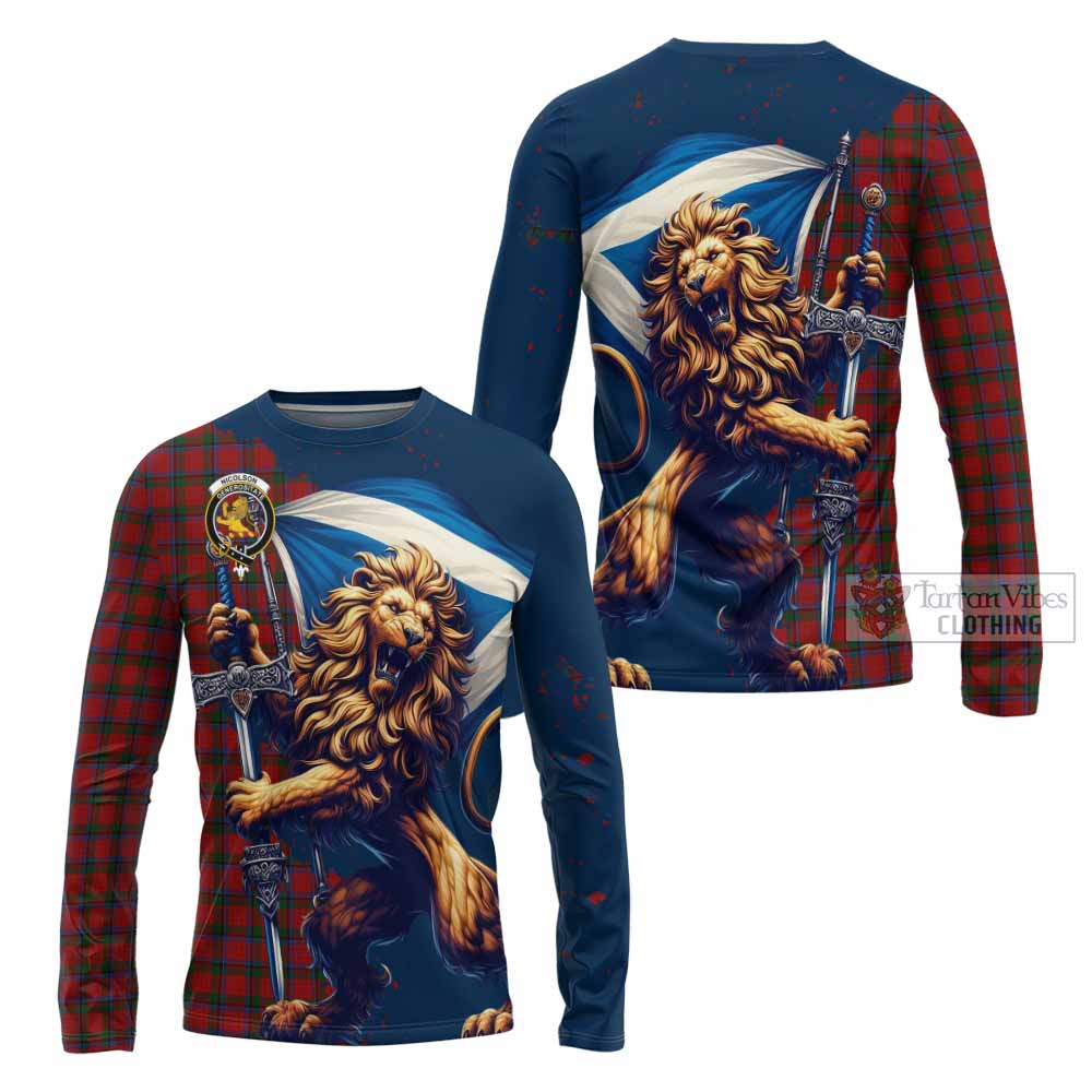 Tartan Vibes Clothing Nicolson Tartan Family Crest Long Sleeve T-Shirt with Scottish Majestic Lion