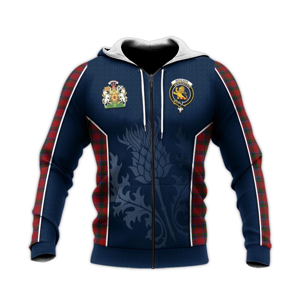 Tartan Vibes Clothing Nicolson Tartan Knitted Hoodie with Family Crest and Scottish Thistle Vibes Sport Style