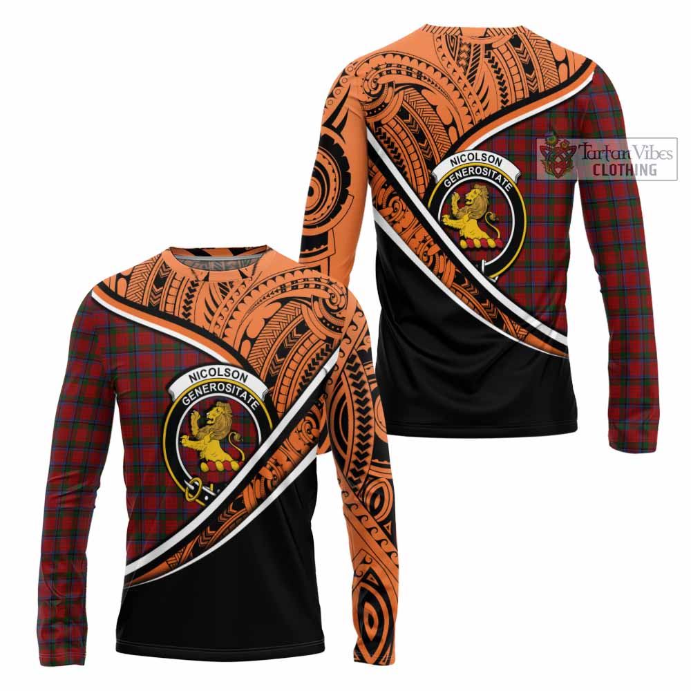 Tartan Vibes Clothing Nicolson Crest Tartan Long Sleeve T-Shirt with Maori Tattoo Style - Orange Version