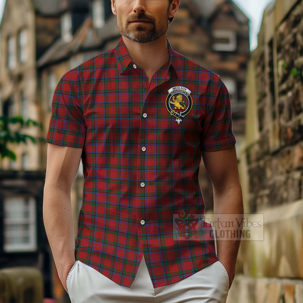 Tartan Vibes Clothing Nicolson Tartan Short Sleeve Button Shirt with Family Crest Celtic Skull Style