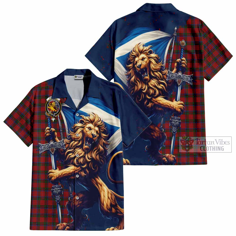 Tartan Vibes Clothing Nicolson Tartan Family Crest Short Sleeve Button Shirt with Scottish Majestic Lion