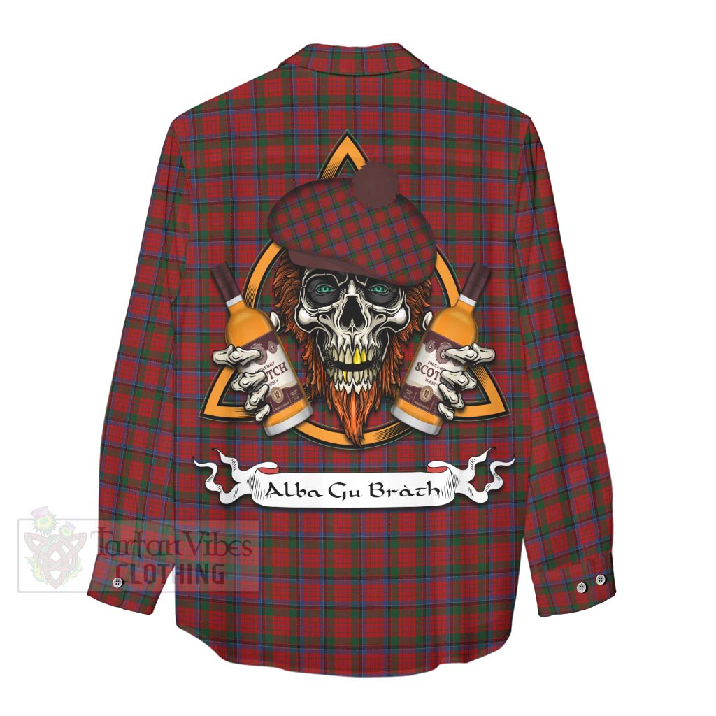 Tartan Vibes Clothing Nicolson Tartan Women's Casual Shirt with Family Crest and Bearded Skull Holding Bottles of Whiskey