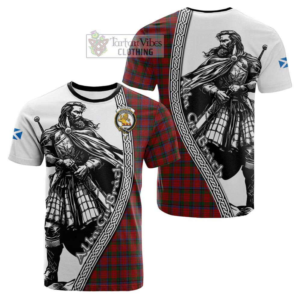 Nicolson Tartan Clan Crest Cotton T-shirt with Highlander Warrior Celtic Style