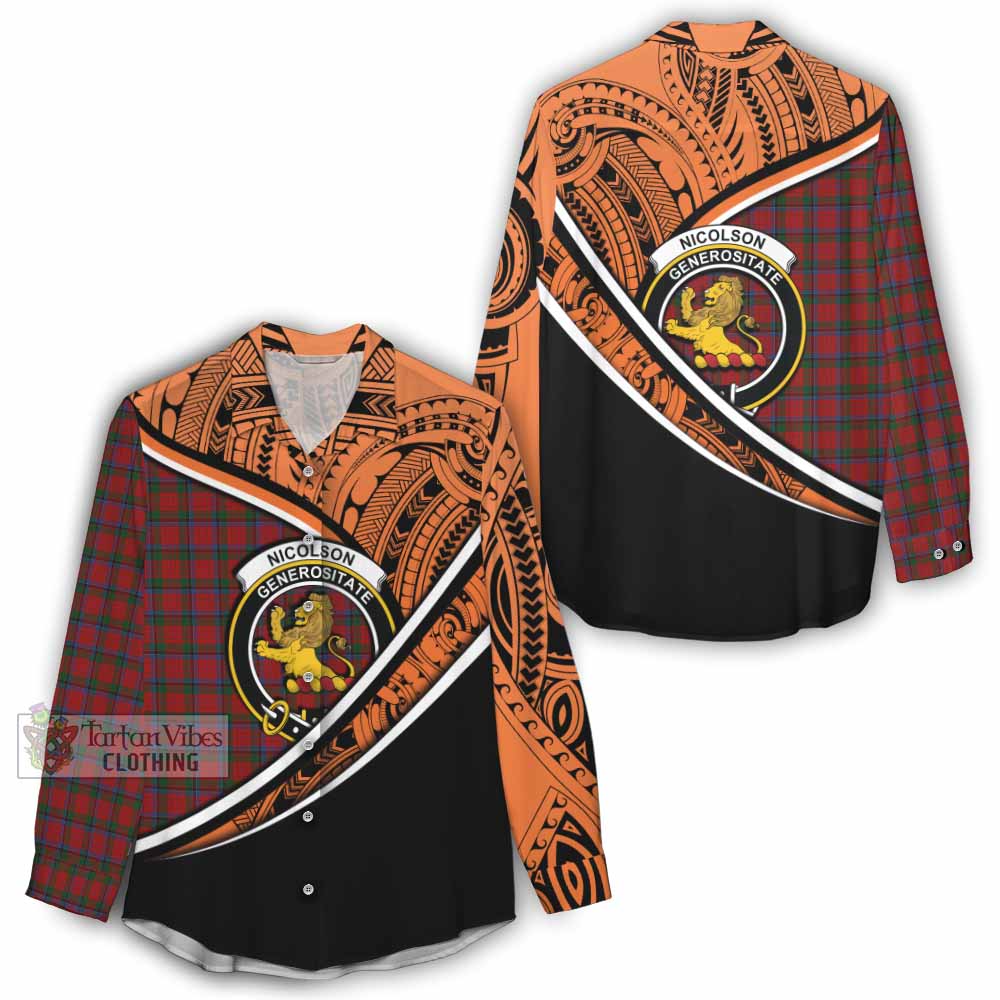 Tartan Vibes Clothing Nicolson Crest Tartan Women's Casual Shirt with Maori Tattoo Style - Orange Version