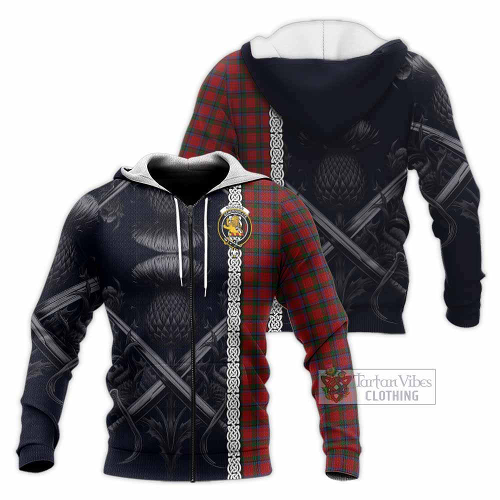 Tartan Vibes Clothing Nicolson Tartan Knitted Hoodie with Family Crest Cross Sword Thistle Celtic Vibes